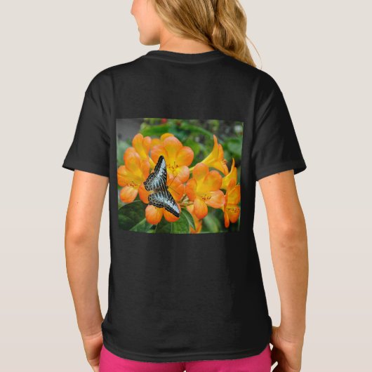 熱帯性シャクナゲTシャツ付きブルーバタフライ Tシャツ (裏面)