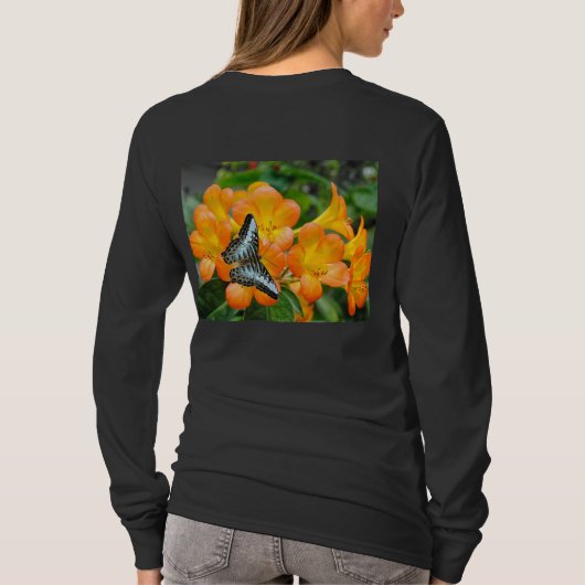 熱帯性シャクナゲTシャツ付きブルーバタフライ Tシャツ (裏面)
