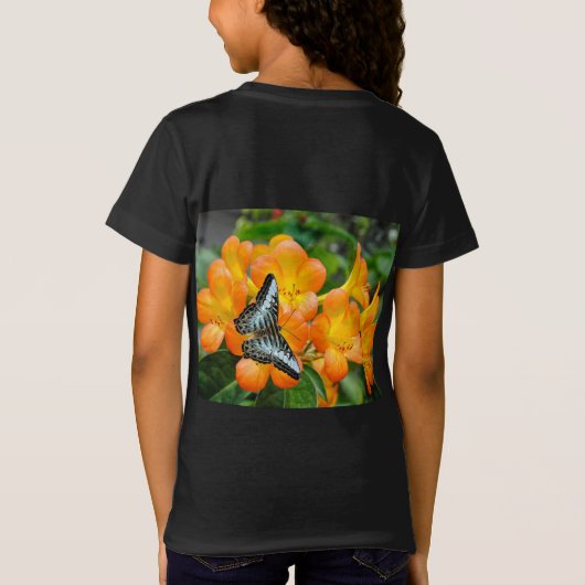 熱帯性シャクナゲTシャツ付きブルーバタフライ Tシャツ (裏面)