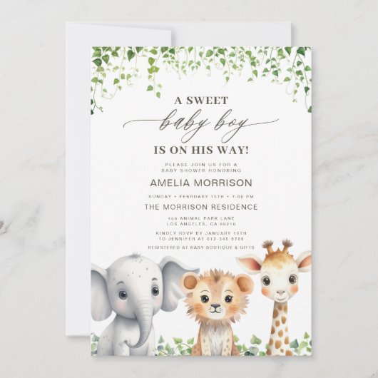 熱帯性ジャングルかわいい動物サファリベビーシャワー 招待状 (正面)