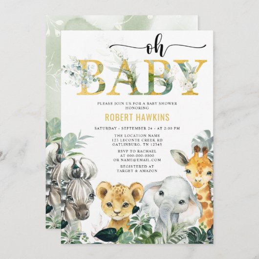 熱帯性ジャングル動物サファリベイビーシャワーインビタティ 招待状 (正面/裏面)