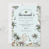 熱帯性ジャングル動物 | ガールワイルドワン誕生日 招待状 (正面)