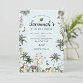 熱帯性ジャングル動物 | ガールワイルドワン誕生日 招待状 (スタンド正面)