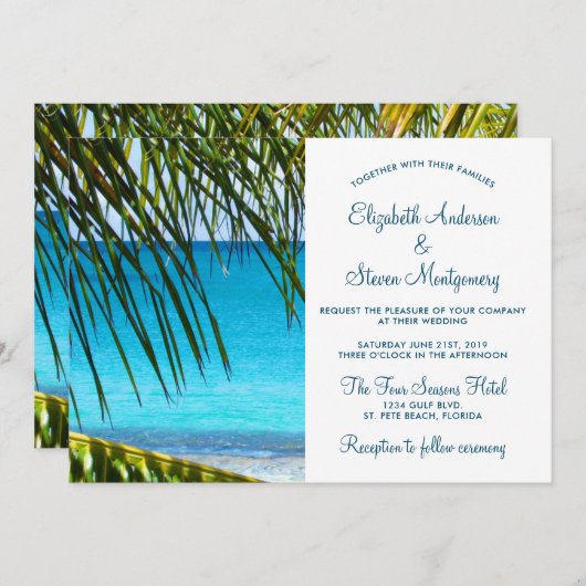 熱帯性ターコイズビーチ結婚式とパームフロンド 招待状 (正面/裏面)