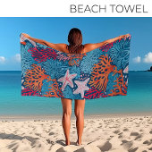熱帯性ヒトデとサンゴ模様 ビーチタオル