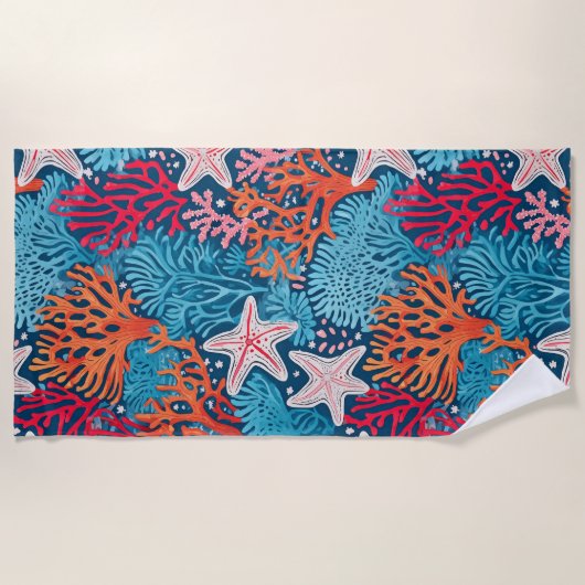 熱帯性ヒトデとサンゴ模様 ビーチタオル (正面)