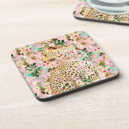熱帯性ヒョウ柄フローラハワイアン模様 コースター (左側)
