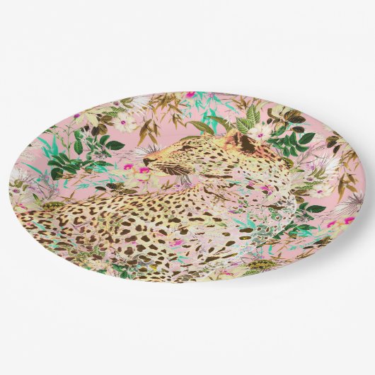熱帯性ヒョウ柄フローラハワイアン ペーパープレート (アングル)