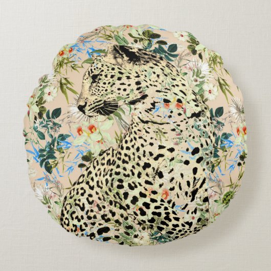 熱帯性ヒョウ柄フローラハワイアン ラウンドクッション (正面)