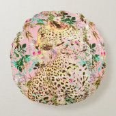 熱帯性ヒョウ柄フローラハワイアン ラウンドクッション (正面)