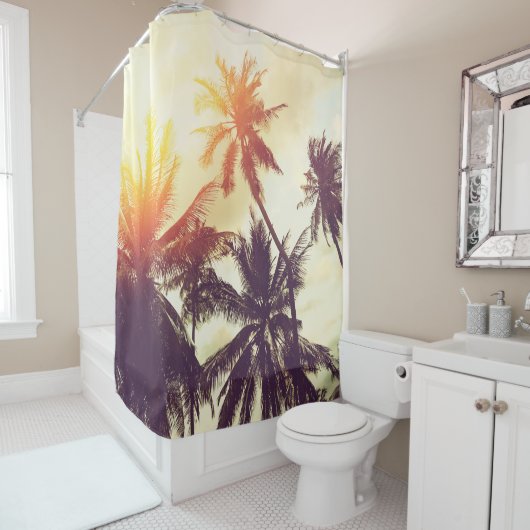 熱帯性ビーチの背景とヤシの木のシルエット シャワーカーテン (インサイチュ)