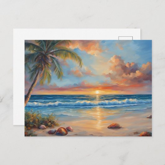 熱帯性ビーチサンセットとヤシの木 ポストカード (正面/裏面)
