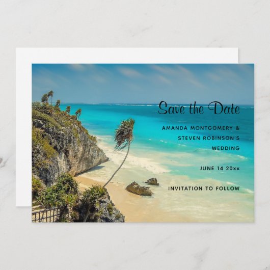 熱帯性ビーチ（風が吹くヤシの木あり） セーブザデート (正面/裏面)