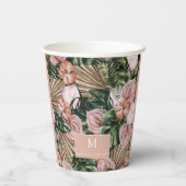熱帯性ピンクのピーチの花葉のジャングル 紙コップ (裏面)