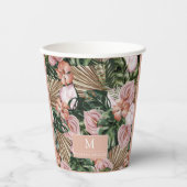 熱帯性ピンクのピーチの花葉のジャングル 紙コップ (正面)