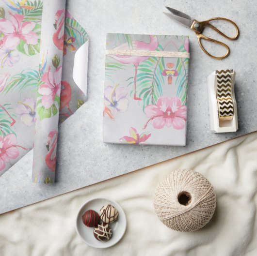 熱帯性フラミンゴ植物性ベビーシャワー ラッピングペーパー (クラフト)