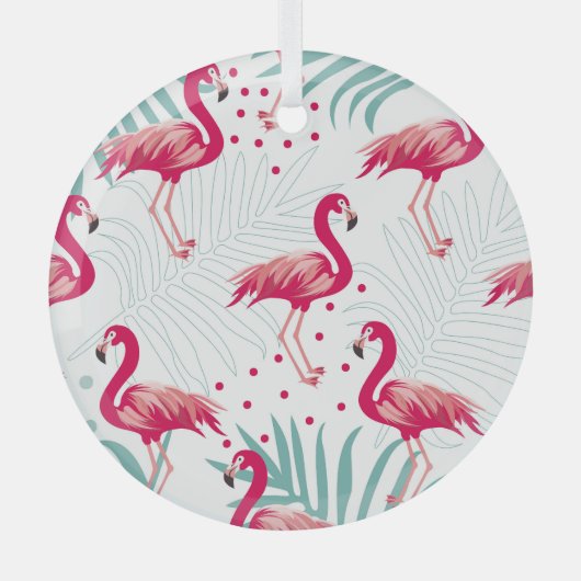 熱帯性フラミンゴ葉と、夏のパターン。 ガラスオーナメント (正面)