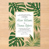 熱帯性モンステラ葉、パーム金ゴールドの結婚 アクリル招待状 (正面)