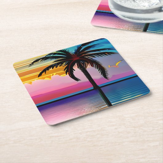 熱帯性ヤシの木と海 スクエアペーパーコースター (アングル)