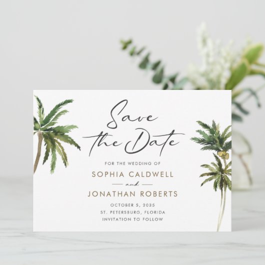 熱帯性ヤシの木の目的地の結婚式 セーブザデート (スタンド正面)