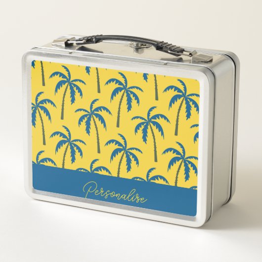熱帯性ヤシの木ブルーイエローパーソナライズされた メタルランチボックス (裏面)