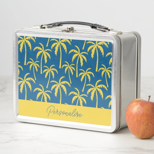 熱帯性ヤシの木ブルーイエローパーソナライズされた メタルランチボックス (インサイチュ)