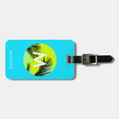 熱帯性ヤシの木モノグラムと明るいアクアブルー ラゲッジタグ (正面横)