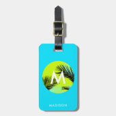 熱帯性ヤシの木モノグラムと明るいアクアブルー ラゲッジタグ (正面縦)