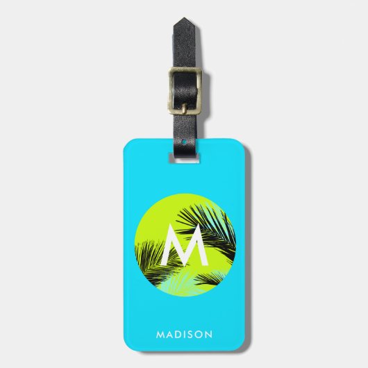 熱帯性ヤシの木モノグラムと明るいアクアブルー ラゲッジタグ (正面縦)
