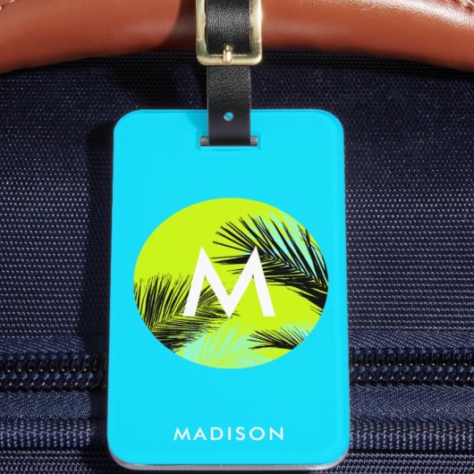 熱帯性ヤシの木モノグラムと明るいアクアブルー ラゲッジタグ