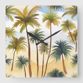 熱帯性ヤシの木 | ビーチ水絵を描色 スクエア壁時計