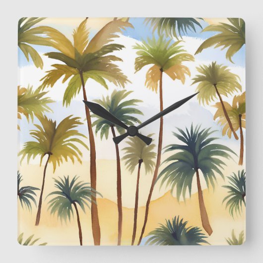 熱帯性ヤシの木 | ビーチ水絵を描色 スクエア壁時計 (正面)