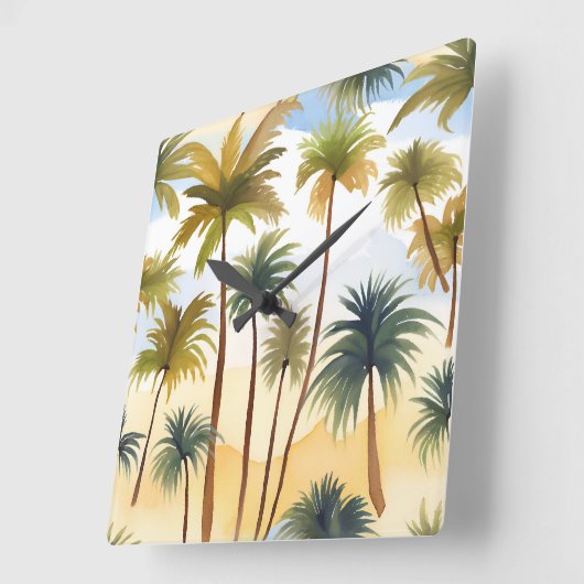 熱帯性ヤシの木 | ビーチ水絵を描色 スクエア壁時計 (傾斜)