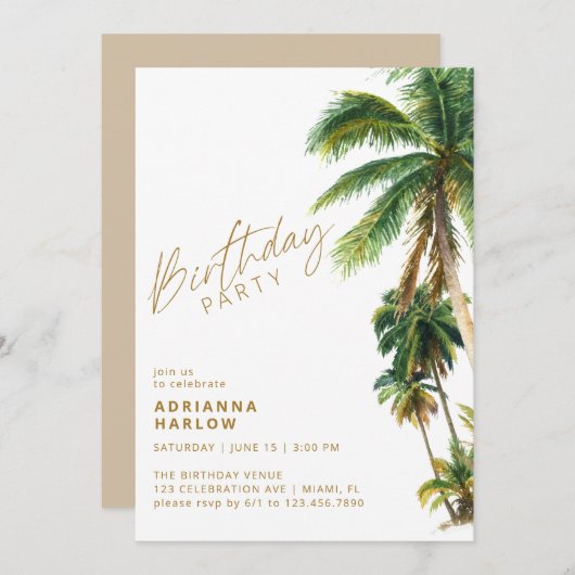 熱帯性ヤシの木 |夏のビーチ誕生日パーティー 招待状 (正面/裏面)
