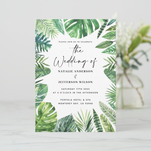 熱帯性ヤシの葉の結婚式招待状 セーブザデート (スタンド正面)