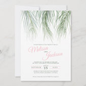 熱帯性ヤシの葉は水の色が緑のピンク結婚色である 招待状 (正面)