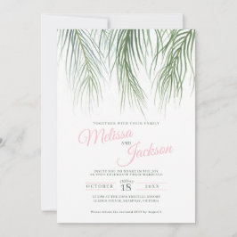 熱帯性ヤシの葉は水の色が緑のピンク結婚色である 招待状