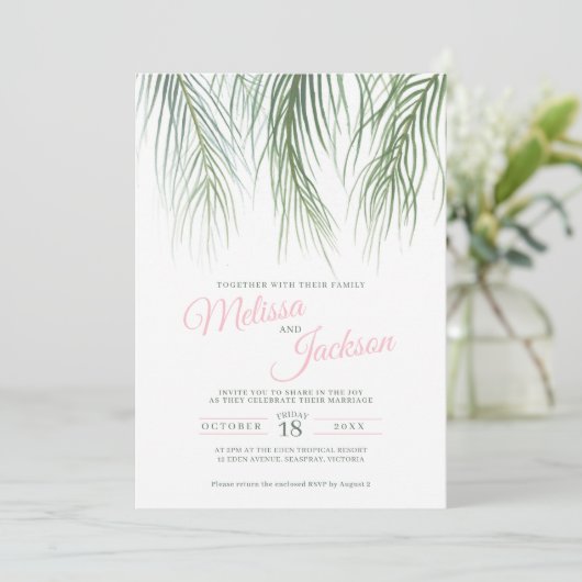 熱帯性ヤシの葉は水の色が緑のピンク結婚色である 招待状 (スタンド正面)