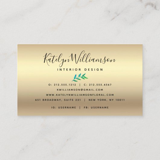 熱帯性ヤシ金ゴールドグリーンティール（緑がかった色）グラデーションエレガント脚本 名刺 (裏面)