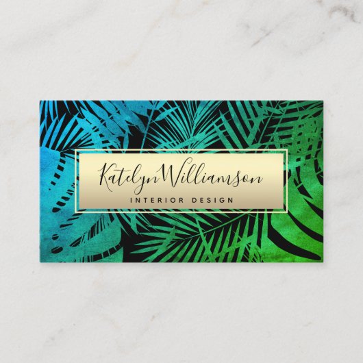 熱帯性ヤシ金ゴールドグリーンティール（緑がかった色）グラデーションエレガント脚本 名刺 (正面)