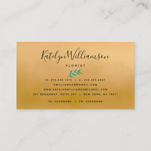 熱帯性ヤシ金ゴールドティール（緑がかった色）グラデーション緑エレガント文字 名刺 (裏面)