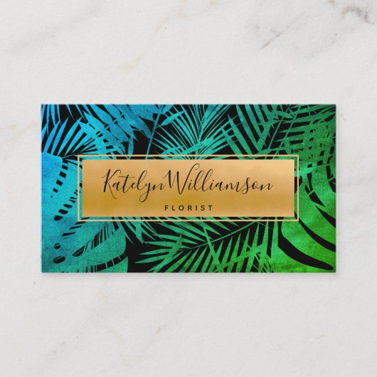 熱帯性ヤシ金ゴールドティール（緑がかった色）グラデーション緑エレガント文字 名刺 (正面)