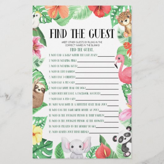 熱帯性動物がゲストの赤ちゃんシャワーゲームを見つける 便箋 (正面)