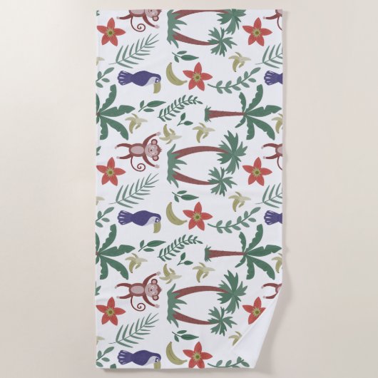 熱帯性動物のシームレスパターンのマカオとサル ビーチタオル (正面)