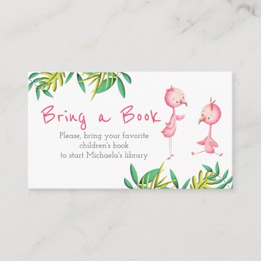 熱帯性双子の赤ちゃんシャワーフラミンゴが本を持ってくる エンクロージャーカード (正面)