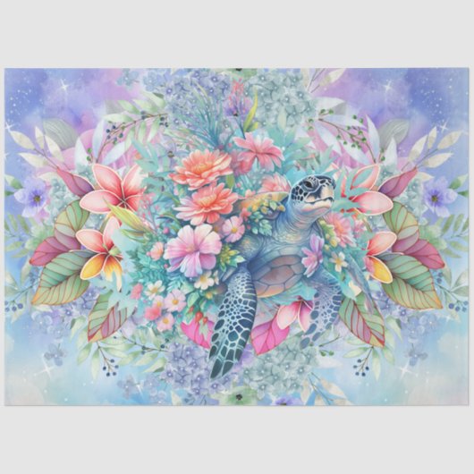 熱帯性大型ウミガメ&ウォータカラー花模様 薄葉紙 (正面)