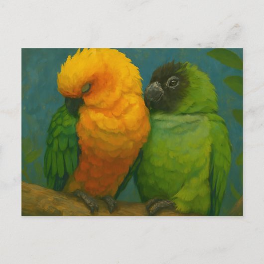 熱帯性愛 – 森の光の中のオウム ポストカード (正面)