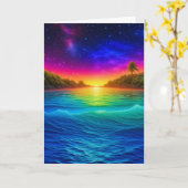 熱帯性海サンセットとヤシの木の記念日 カード (黄色い花)