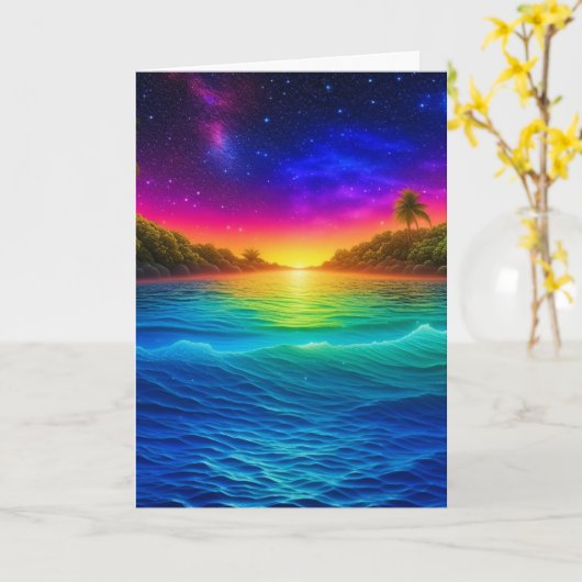 熱帯性海サンセットとヤシの木の記念日 カード (黄色い花)