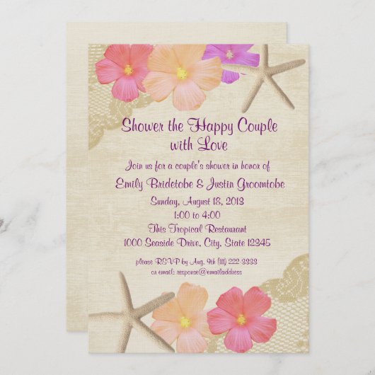 熱帯性花とヒトデのカップルのシャワー 招待状 (正面/裏面)